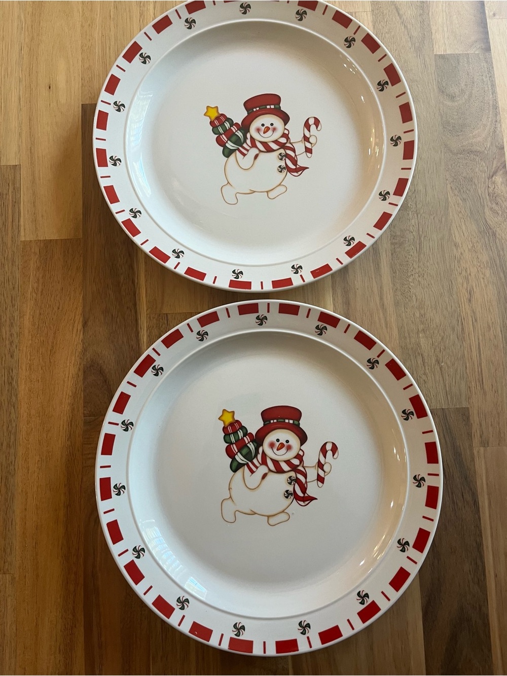 Vintage Atico Stoneware Peppermint Snowman 10" Plates- Set of Two